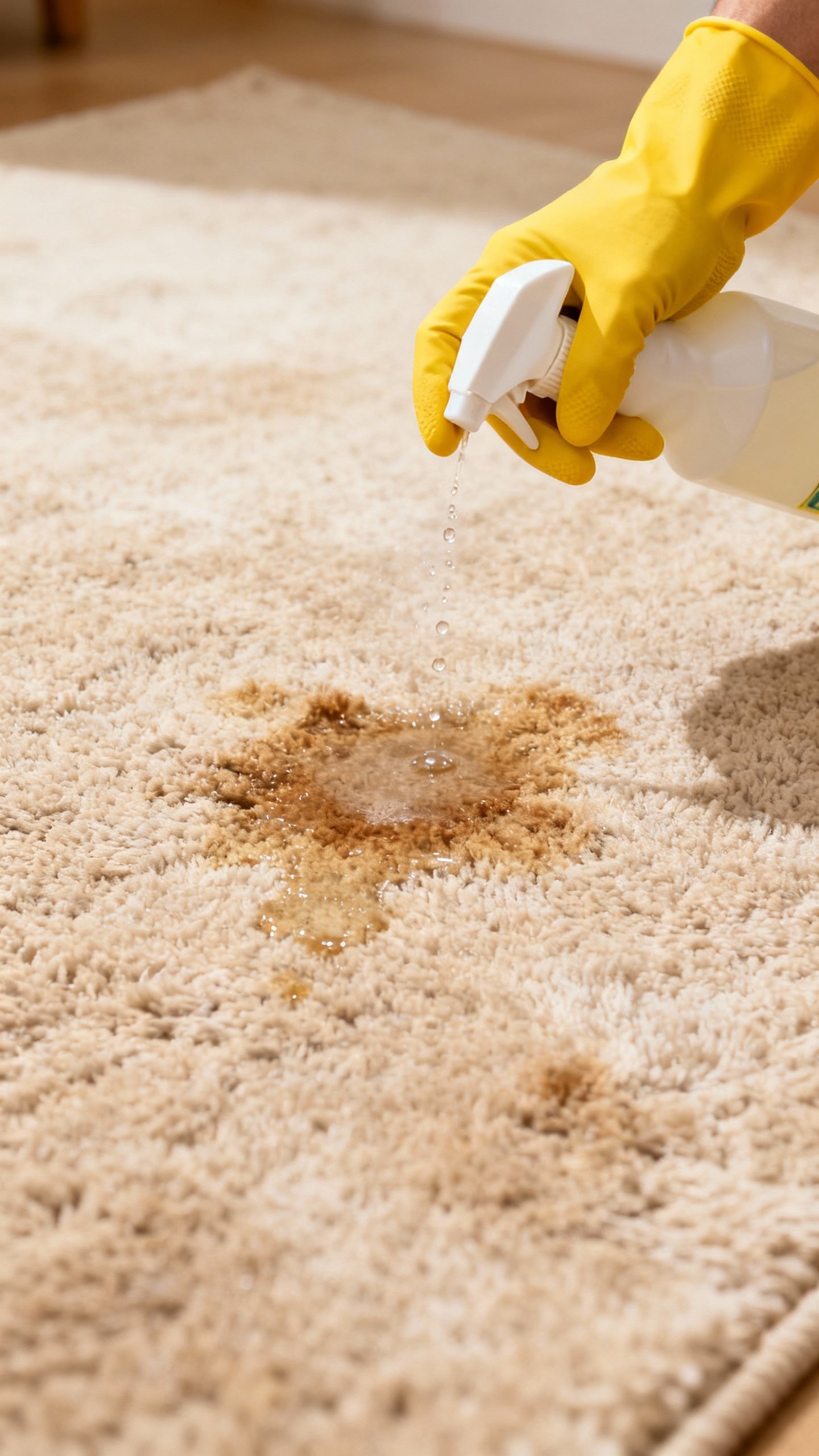 Closeup of enzymatic cleaner spraying on beige rug, puppy accident stain, human hand in yellow glove