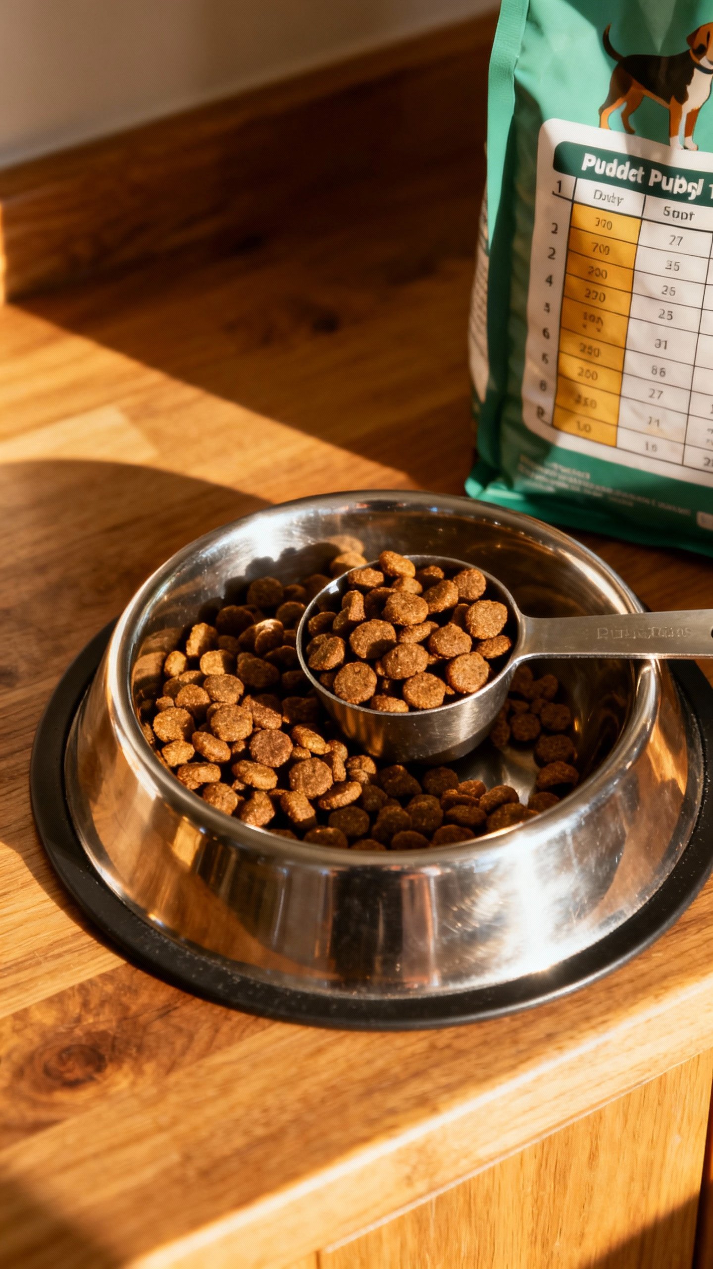 Closeup of measuring kibble into stainless puppy bowl, morning light, wooden counter, visible feedin