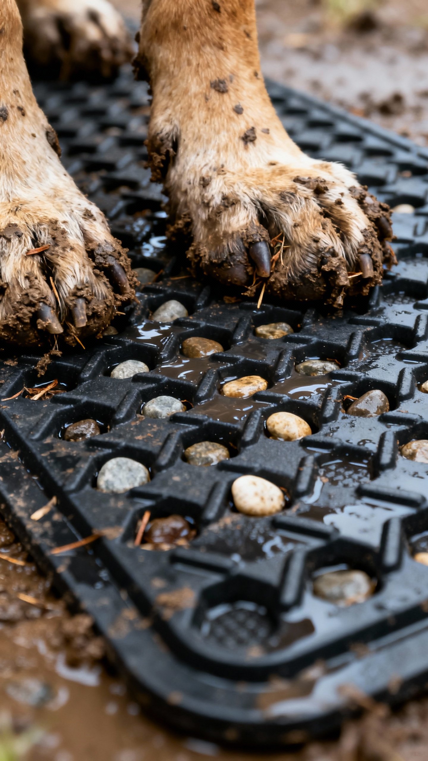 Closeup of muddy dog paws on rubber scraper mat, black beveled edges, raised cleats, wet pebbles tra