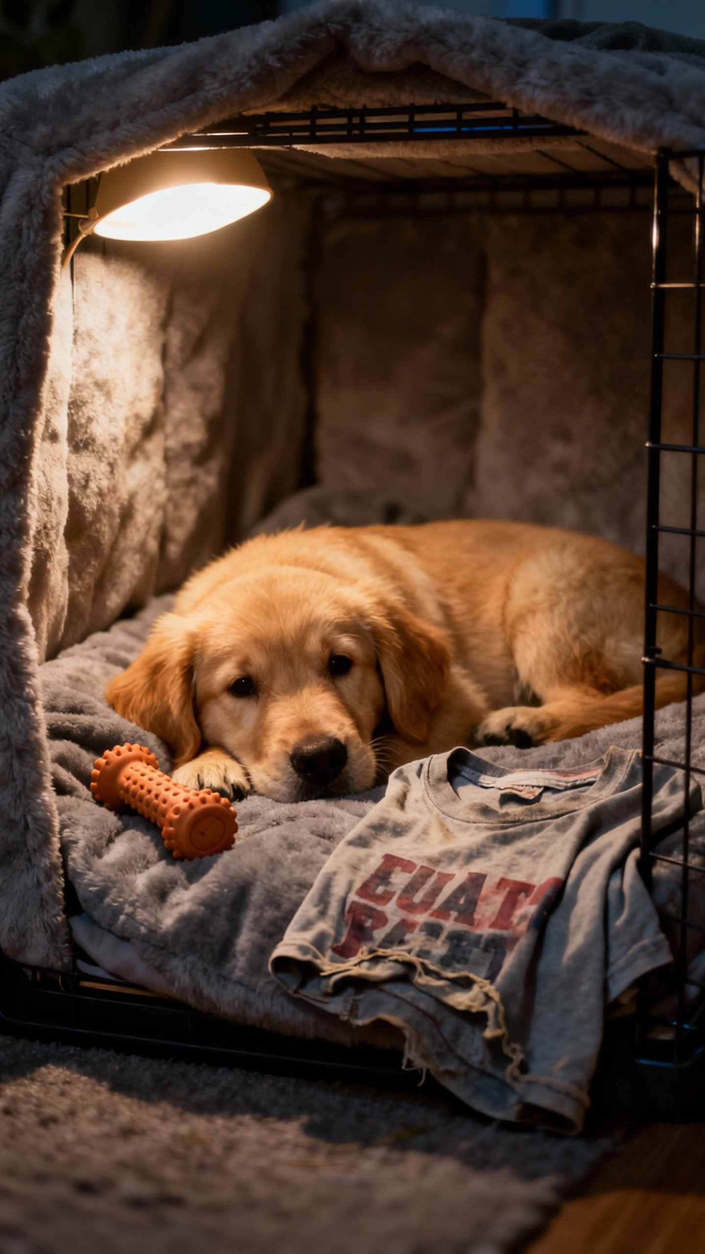 Golden retriever puppy inside cozy crate, soft gray bedding, rubber chew toy, worn T-shirt, warm lam