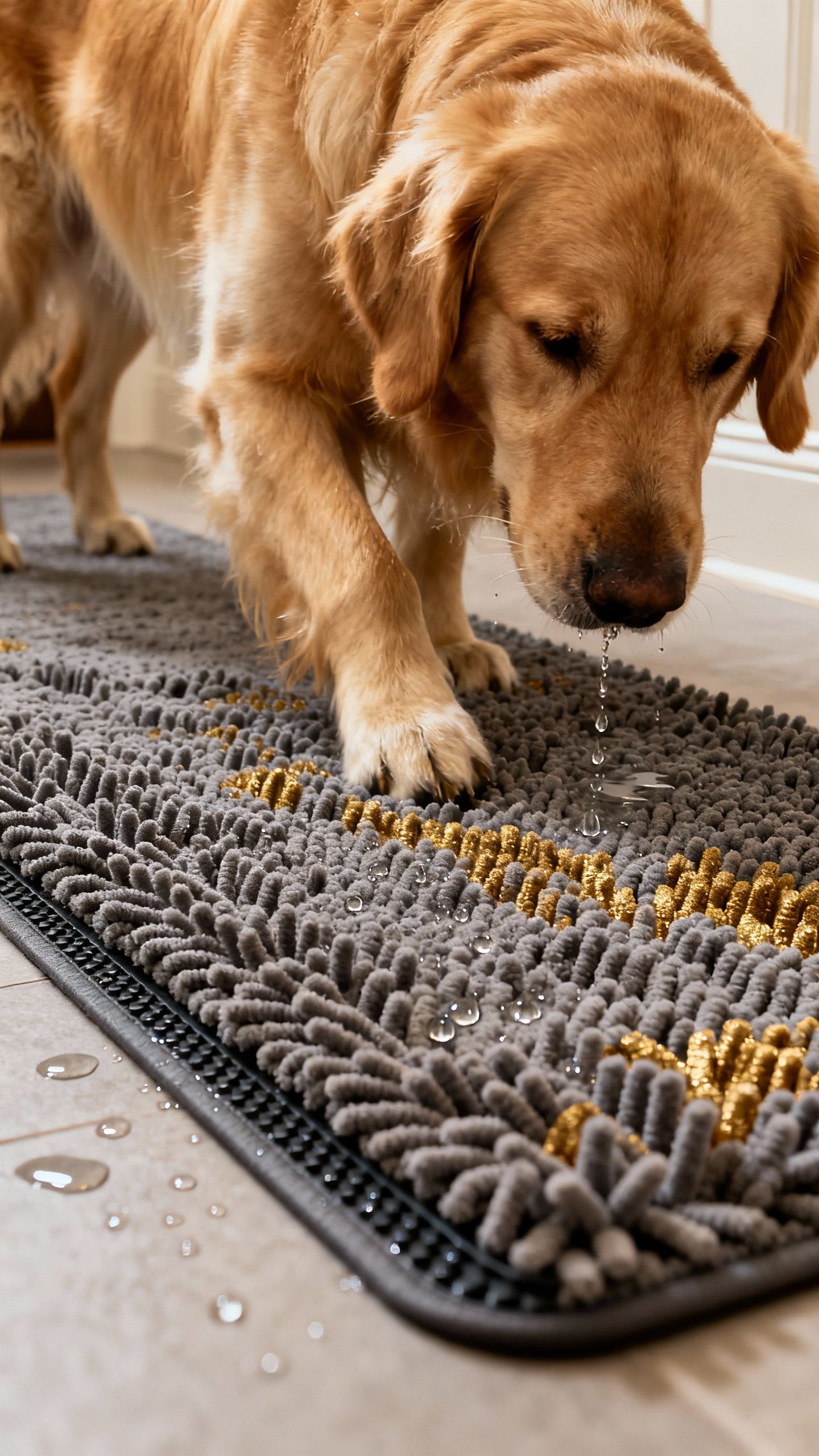 Hallway runner chenille microfiber mat, heathered charcoal, large golden retriever pausing, water dr